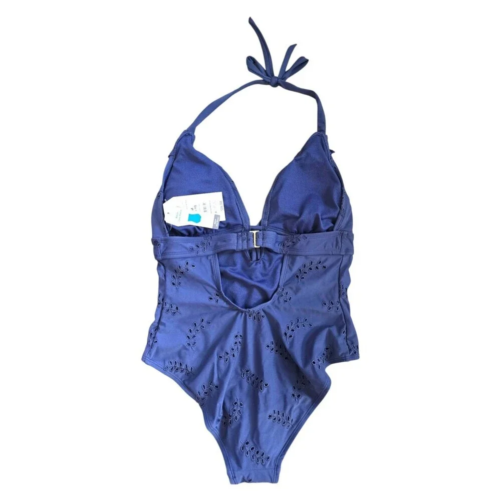 Time & True Women's Swimsuit Eyelet Floral One-Piece Halter Ruffle Blue Sz M NWT